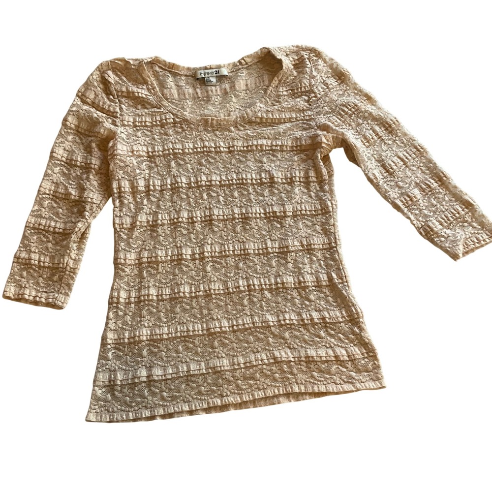 Y2K Womens Large Sheer Lace Beige Taupe 3/4 Sleeve Romantic Boho Layering Top